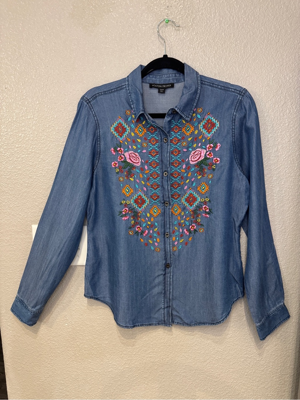 Boston Proper M Tencel Chambray Embroidered Boho Western Shirt